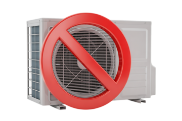 Red prohibition sign over white outdoor air conditioning unit fan on black background air conditioner