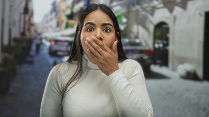 Fototapeta premium Woman face shows surprised expression on street scene reflecting young latin hispanic style in outdoors city background.