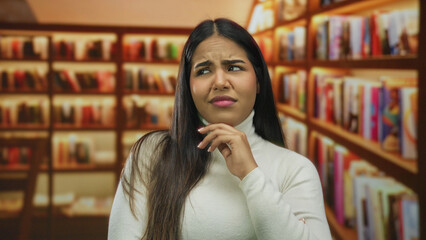Woman pondering in a library indoors surrounded by bookshelves wearing a white sweater looking thoughtful and contemplative with long dark hair and a pensive expression. © Krakenimages.com