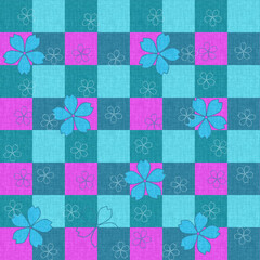 Pop Art Seamless Checkered Plaid Pattern with Stylized Cherry Blossom Flowers in Bright Magenta and Teal on a Woven Textile Texture.