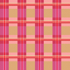 Warm Seamless Tartan Plaid Pattern: Classic Scottish Grid in Soft Rose Pink, Red, and Beige Earth Tones on a Textured Fabric Background.