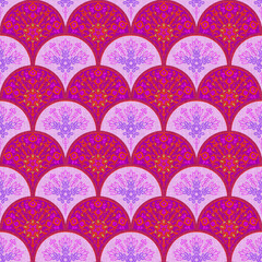 Vibrant Seamless Scallop Pattern with Damask Motifs: Fuchsia, Violet, and Red Elements on a Woven Pink Fabric Texture. © Chattakan