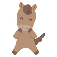 2頭身のかわいい干支シリーズ　午年/主線なし　表情と動きのある全身/顔に手を当てて嬉しいポーズ