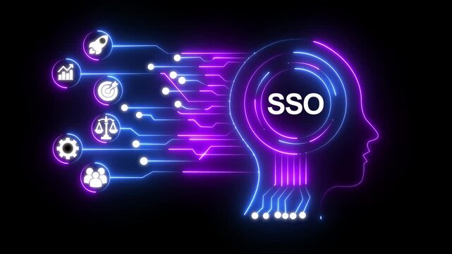 Digital network with SSO text in a glowing neon circle surrounded by icons single sign on black background. Single Sign On concept with SSO text in center and surrounding icons . HD video animation 