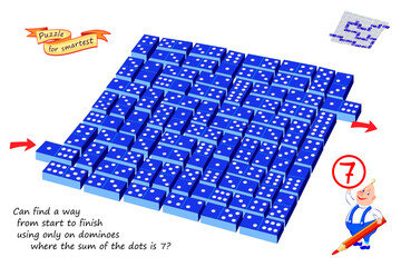 Can find a way from start to finish using only on dominoes where the sum of the dots is 7? Math maze. 3D logic puzzle game for children. Brain teaser book. Kids activity sheet. Hand drawn vector.