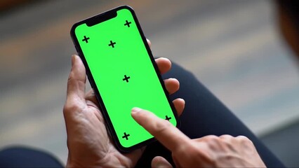 Close-up of a persons hands interacting with a smartphone featuring a vibrant green screen with tracking markers, ideal for digital content and app demonstrations.