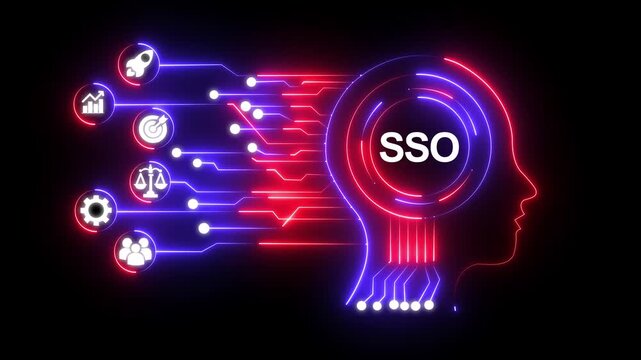 Digital network with SSO text in a glowing neon circle surrounded by icons single sign on black background. Single Sign On concept with SSO text in center and surrounding icons . HD video animation 