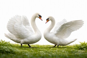 Obraz premium Elegant Swan Pair Courtship Dance on Green Grass Isolated on White Background Ai Genreted 