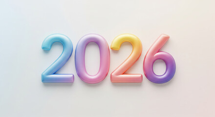 Fototapeta premium Pastel 3D number 2026 rendered with a soft gradient of colorful tones and rounded, inflated shapes on a bright, gentle background for a fun design