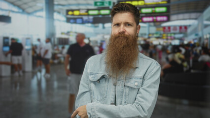 Man with long ginger beard wearing denim jacket crossing arms in busy airport terminal; impatience...