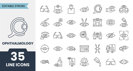Ophthalmology line icons set with editable stroke. Contains icons related to optometry, eye health, medical eye care, vision correction and more. Vector illustration