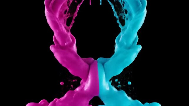 Dynamic abstract composition of vibrant pink and blue liquid streams colliding and splashing against a stark black background.