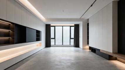 Obraz premium Modern minimalist living room with built-in cabinetry, large windows, and ambient lighting