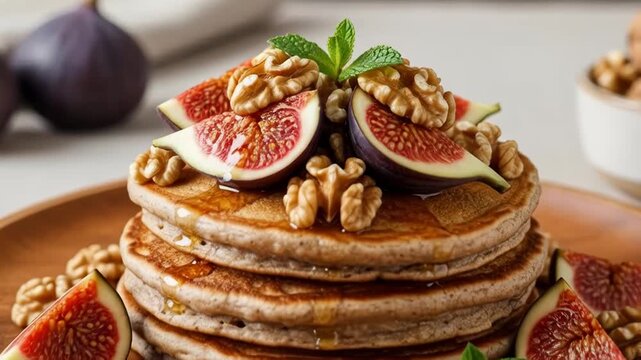 Delicious pancake stack topped with fresh figs, walnuts, and mint on wooden plate