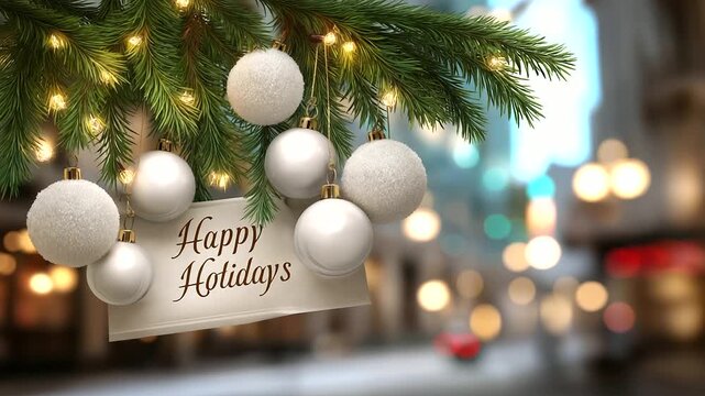 Holiday celebration decoration banner template greeting card with text, illustration of hanging white ornament balls and evergreen tree branches, festive display defocused, with co