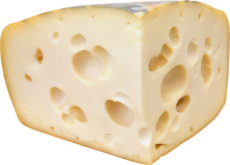 Swiss cheese wedge with characteristic holes isolated on white background, natural dairy product, semi-hard European cheese close-up for food, nutrition, and culinary concepts