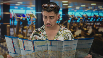 Young man stands indoors in a gym holding a map with a confused expression, wearing a floral shirt, sunglasses on head, and surrounded by exercise equipment in the background. © Krakenimages.com