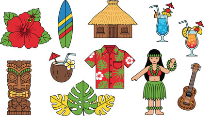 Hawaiian tropical vacation vector set featuring hula dancer tiki mask surfboard aloha shirt hibiscus flower and exotic cocktails. © MdMunzurul
