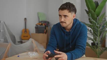Young man playing games in a new home living room surrounded by boxes and plants wearing a blue hoodie focused on a video game controller.