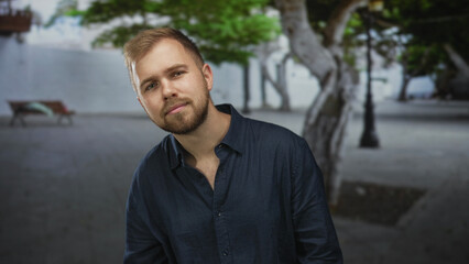 Man with beard tilts head and leans forward showing face and chest in an urban street plaza with trees, bench and lamp post  thoughtful calm. © Krakenimages.com