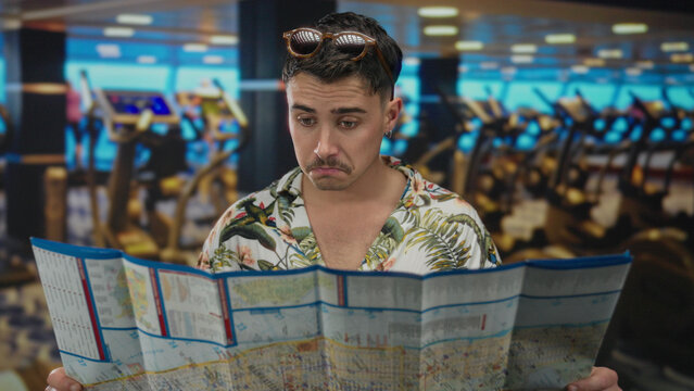 Young man stands indoors in a gym holding a map with a confused expression, wearing a floral shirt, sunglasses on head, and surrounded by exercise equipment in the background.