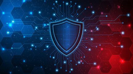 Abstract technology circuit board background with shield symbols concept of data protection and cyber privacy. modern security technology innovation concept background