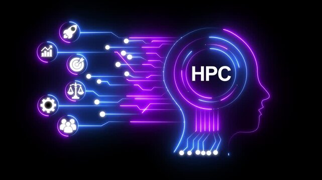 AI Brain with HPC Connections and Business Icons. HPC concept diagram with interconnected icons for business and technology on a black background performance. HD video motion graphic animation 
