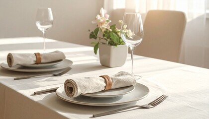 Elegant table setting for a romantic dinner or special occasion beautifully arranged with flowers and linens.