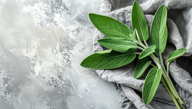 Fresh Green Sage Leaves on Textured Gray Background for Natural Wellness and Wellbeing Concepts.
