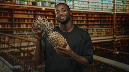 Man smiling and holding a pineapple with both hands in building among bookshelves and stacks  playful curiosity. © Krakenimages.com