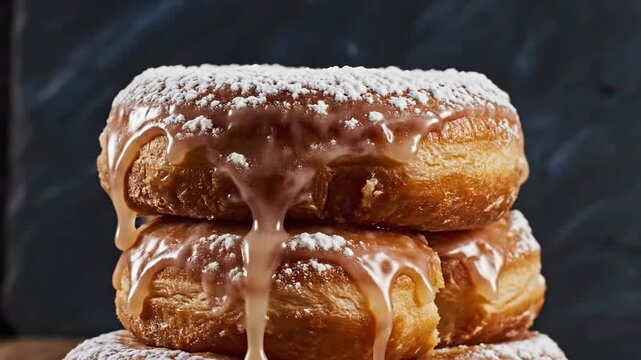 A tall stack of delicious glazed doughnuts generously dusted with powdered sugar, a delightful treat ready to be enjoyed.