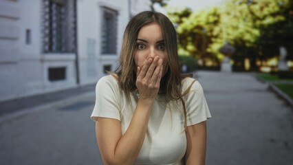 Young hispanic woman covers mouth with hand on street beside building facade in daytime; shock.