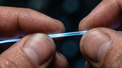 Hands connecting glowing fiber optic cable for high-speed internet. Data transfer, global communication, and future