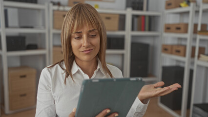 Woman middle aged hispanic blonde holding tablet, palm up shrug and thoughtful expression in office building; uncertainty remote work decision.