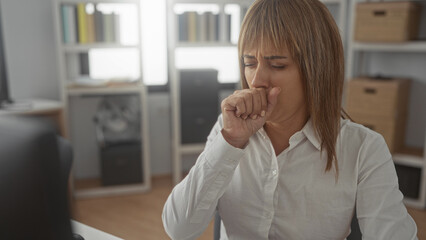 Woman holding throat and coughing at desk in building, wearing white shirt and looking pained while...