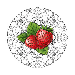Two strawberries with leaves on a decorative mandala background