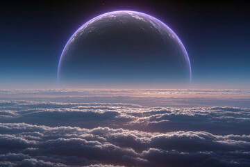 A large celestial sphere with a glowing atmosphere above a dense cloud layer. A cinematic 3D render with soft dawn light and a deep space background.