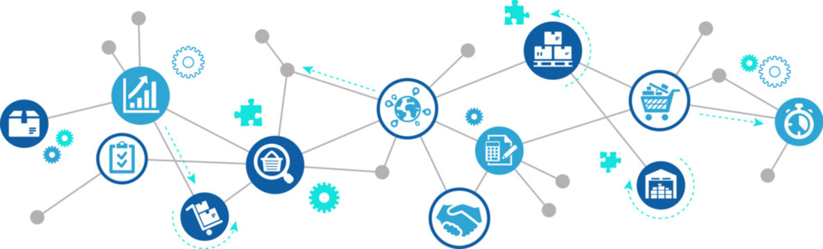Procurement / sourcing vector illustration. Blue concept with icons related to e-commerce, global purchasing, supply manangement - acquisition and distribution - warehouse management or inventory.