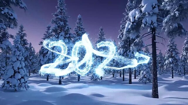 magic trail on snow in winter forest draws glowing 2026 digits under purple sky