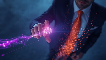 A businessman interacts with a glowing hexagonal network symbolizing digital connection and futuristic technology