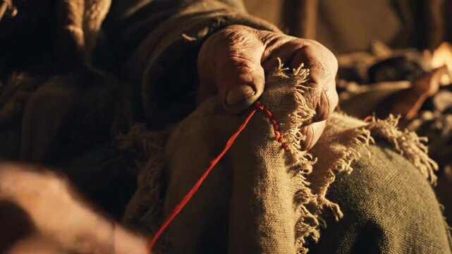 Close-up of aged hands skillfully mending a torn piece of fabric with red thread, showcasing traditional textile craft.