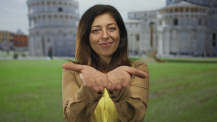 Middle aged hispanic woman extends open palms toward leaning tower building beneath clear sky; welcome.