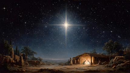 Christmas star of nativity of Bethlehem background birth of Jesus Christ scene beautiful dark blue starry sky bright star display religious holiday celebration