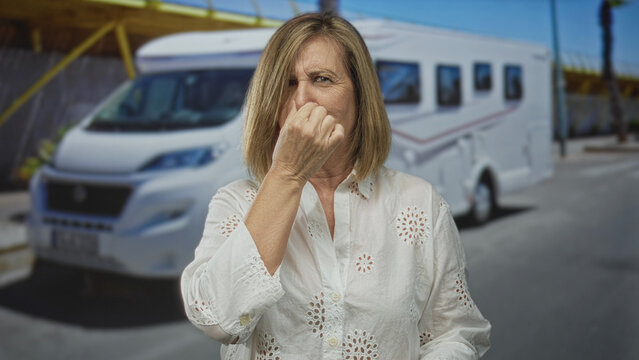 Middleage caucasian woman wearing white shirt pinches nose beside parked camper van on sunny city street; disgust.