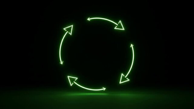 Vibrant glowing green arrows forming a circular refresh or recycle symbol on a dark background.