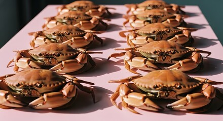 An overhead view of numerous crabs arranged in a line on the table, their carapaces gleaming