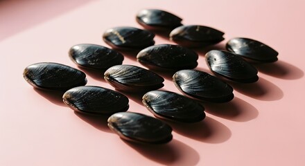 A close-up shot of several shiny black beans arranged on a pastel-colored surface. The beans are positioned in a diagonal grid