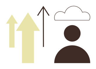 Person silhouette with a cloud above paired with upward arrows showing growth, innovation, and brainstorming. Ideal for creativity, problem-solving, personal development, leadership, success mindset