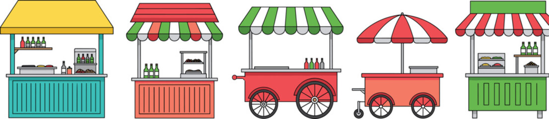 Street food cart and kiosk collection including mobile snack stands umbrellas vendor stalls outdoor market flat vector illustration © Sarmen Creative