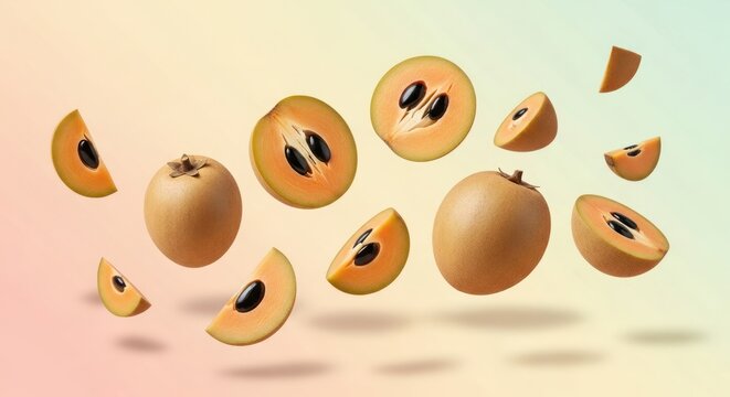 Fresh Sapodilla Fruit Falling on Gradient Background.